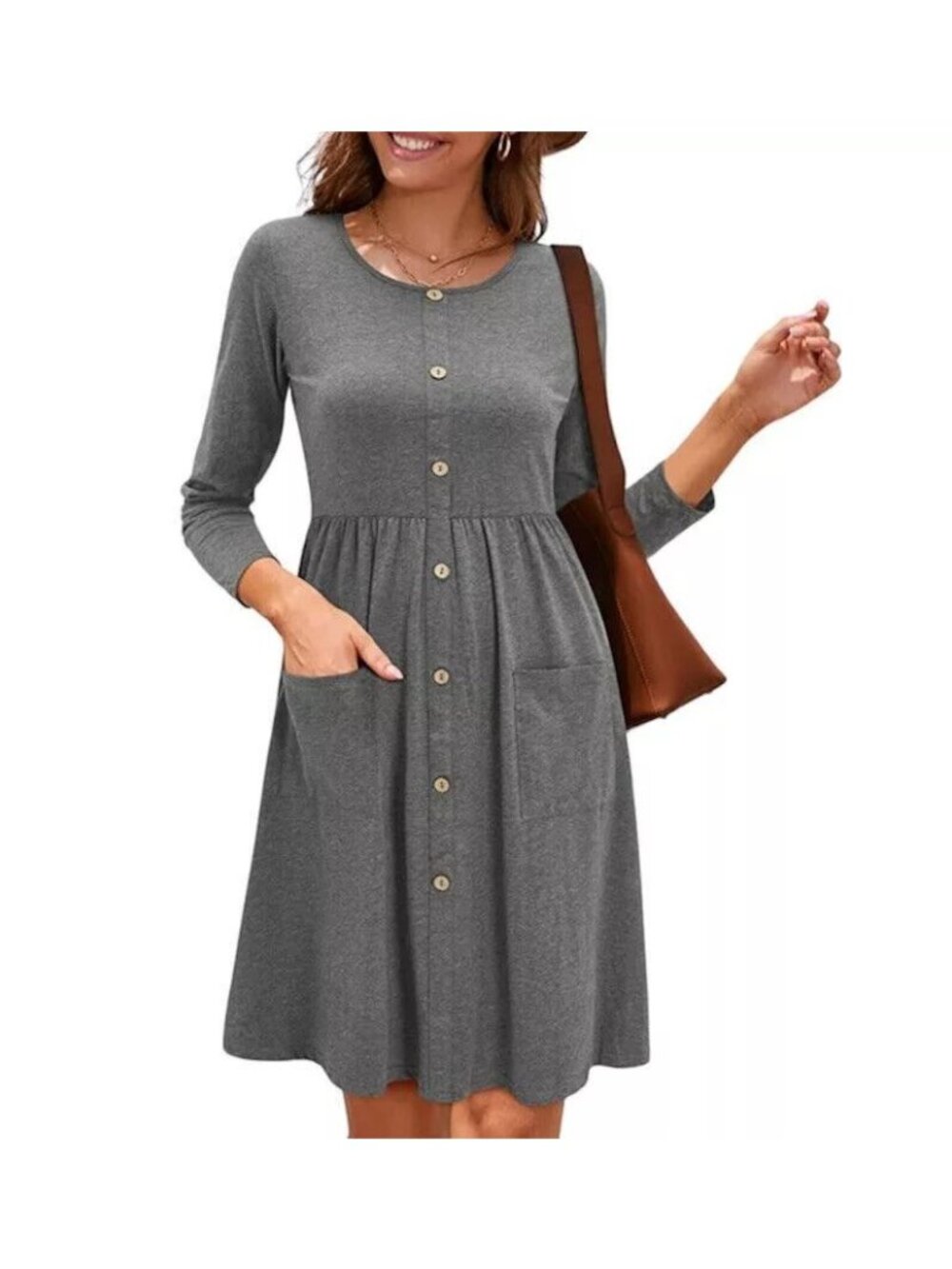 OUGES Dress Womens Size Small Grey Button Front Long Sleeve Pockets Casual